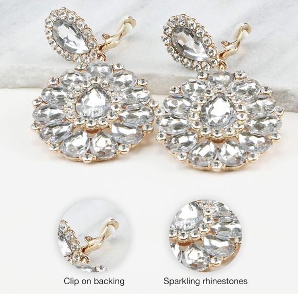 Yellow Gold with White Diamond Crystal Chandelier Statement Clip On Earrings